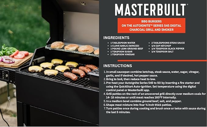 Masterbuilt AutoIgnite 545 Digital Charcoal Grill and Smoker Combo for Easy Grilling, Digital Control, App, Sear Plate, Mini Hopper and 545 BBQ Cooking Square In. in Black