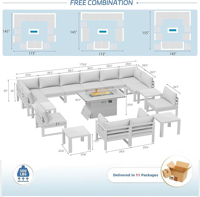 NICESOUL 17 Piece Extra Large Aluminum Outdoor Patio Furniture Set with Fire Pit Table & End Table, L Shaped Modern Sectional Couch, 29" Wide Deep Seating Conversation Sofa for Terrace, Light Gray