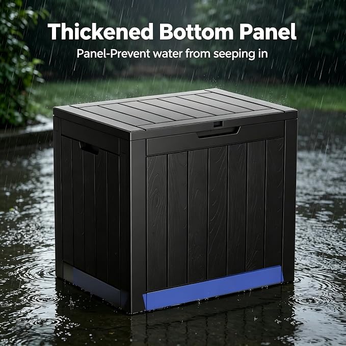 34 Gallon Outdoor Storage Box, Resin Deck Box Waterproof, Raised Bottom Outdoor Storage Bin with Lockable Lid for Patio Cushions & Garden Tools - Black