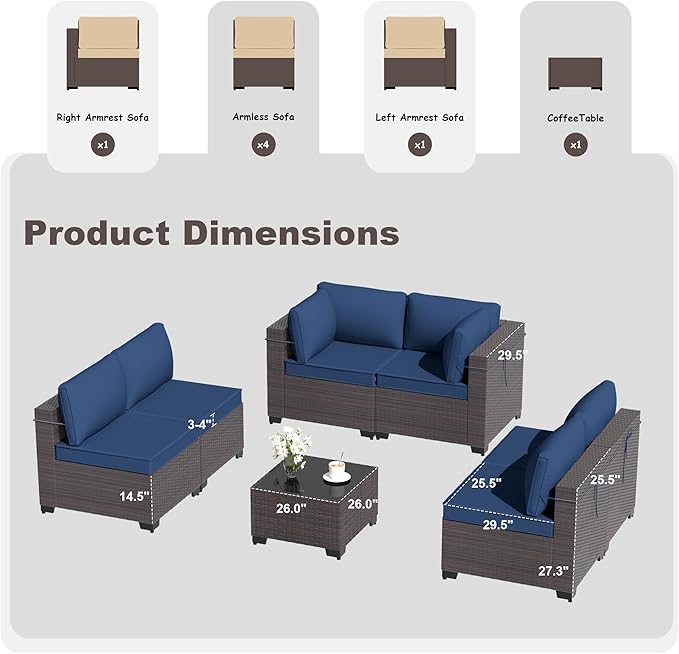 Patio Furniture Set 7PCS Outdoor Furniture for Backyard Sectional Sofa Set, Rattan Wicker Patio Conversation Set with 4 Inch Thickened Cushions and Glass Coffee Table, Navy Blue
