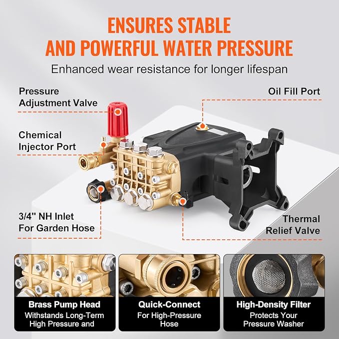 VEVOR Pressure Washer Pump, 1" Shaft Horizontal Triplex Plunger, 4000 PSI, 4.0GPM, Replacement Power Washer Pumps Kit with 5 Nozzles, Compatible with Simpson MorFlex 40224, 40225, 40226, Santoprene