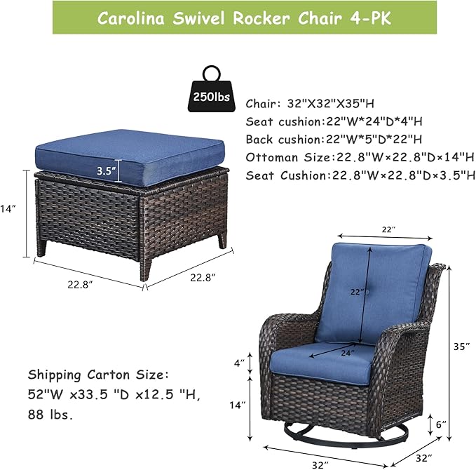 Rilyson Wicker Patio Furniture Set - 4 Piece Rattan Outdoor Patio Conversation Sets with 2 Swivel Rocking Chairs,2 Ottomans for Porch Deck Garden(Brown/Blue)