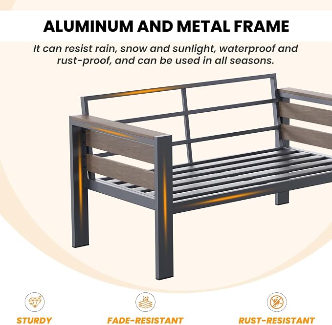 DoCred Aluminum Loveseat Sofa with Coffee Table for Patio Furniture Set | Patio Conversation Set Outdoor Sofa Set for Porch, Balcony, Deck, Yard, Poolside