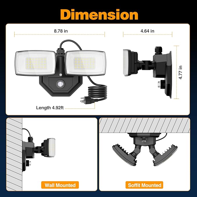 Onforu 32W 3200LM Dusk to Dawn Outdoor Lighting,6500K Dual Heads Plug in Flood Light,Black Outdoor Lighting,IP66 Waterproof LED Security Lights for Garage,Yard,Outside