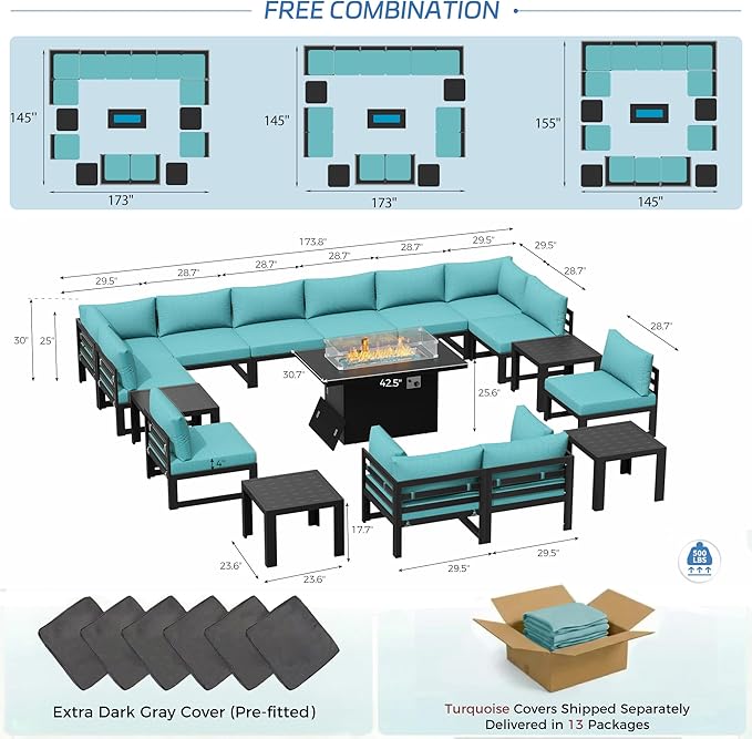 NICESOUL 12 Seat Extra Large Aluminum Patio Furniture Set with Fire Pit Table & End Table, 29" Wide Deep Seating, All-Weather L Shaped Outdoor Sofa, Contemporary Conversation Set for Garden, Turquoise