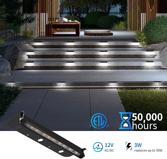 12-Packs 3W 7inch LED Hardscape Paver Lighting,12V AC/DC Low Voltage Retaining Wall Lights,Landscape Lighting,5000K Daylight White Outdoor Step Light,50,000 Hours Lifespan-Black