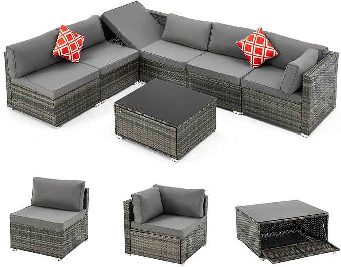 7 Piece Patio Furniture Set with Adjustable Bracket Grey Wicker Rattan Patio Conversation Sets Sectional Sofa Set with Table and Cushions for Porch Lawn Garden, Grey