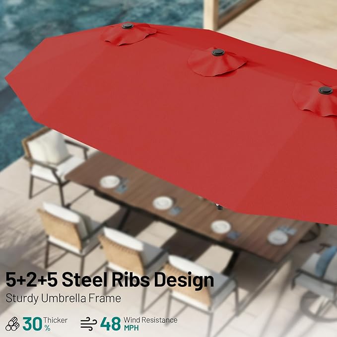 AreShark 15FT Outdoor Patio Umbrella with Crank, Large Rectangular Market Umbrella, Double-Sided Outdoor Umbrellas with Cross Base & Sandbag for Porch, Lawn, Pool, Backyard, Red