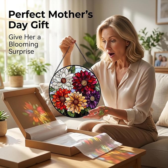 Birthday Gifts for Women - Colorful Flowers Faux Stained Glass Window Hanging Sun Catcher for Door Garden Acrylic Decor Mother's Day Christmas for Mom Nana Grandma Sisters Wife 6.3"