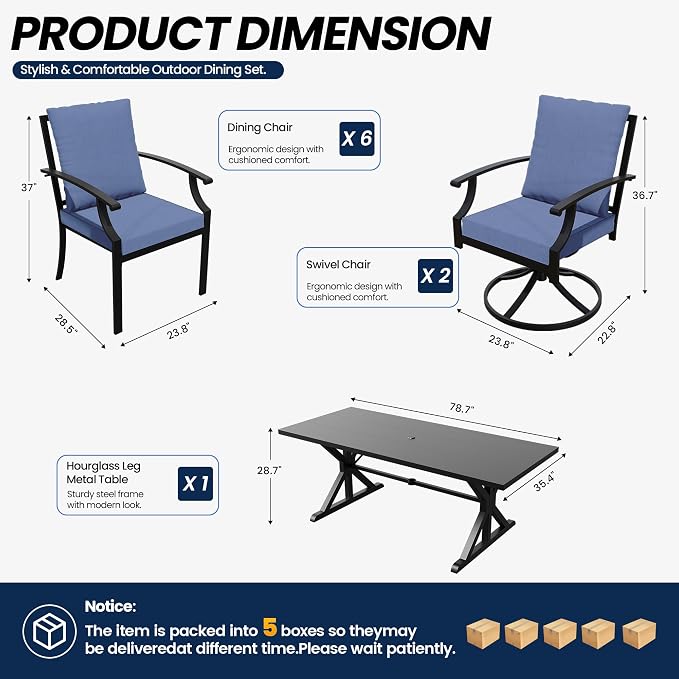 Kullavik 9 Pieces Outdoor Dining Set,Patio Dining Table and Chairs Set for 8,Fence Pattern Back Chairs with Thickened Cushions & X-Frame Metal Dining Table with Umbrella Hole for Patio,Navy Blue