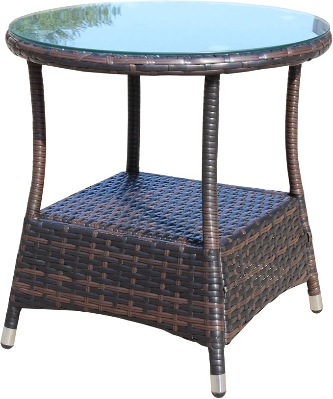 Patio Wicker Side Table 21" Round – Outdoor Coffee Table with Storage Shelf & Tempered Glass Top, PE Rattan End Table for Backyard Balcony Garden, 120 lbs Capacity, Brown