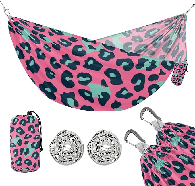 Pink and Green Leopard Print 330lb Capacity Outdoor Hammocks with Portabl Carry Bag Cloth Hammock for Patio Backyard Lounge Base hamaca con Base para adultos