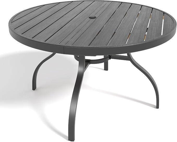 47" Round Wood Patio Table with Umbrella Hole,Outdoor Dining Table with Steel Frame for Patio Garden Deck Dining Room Office