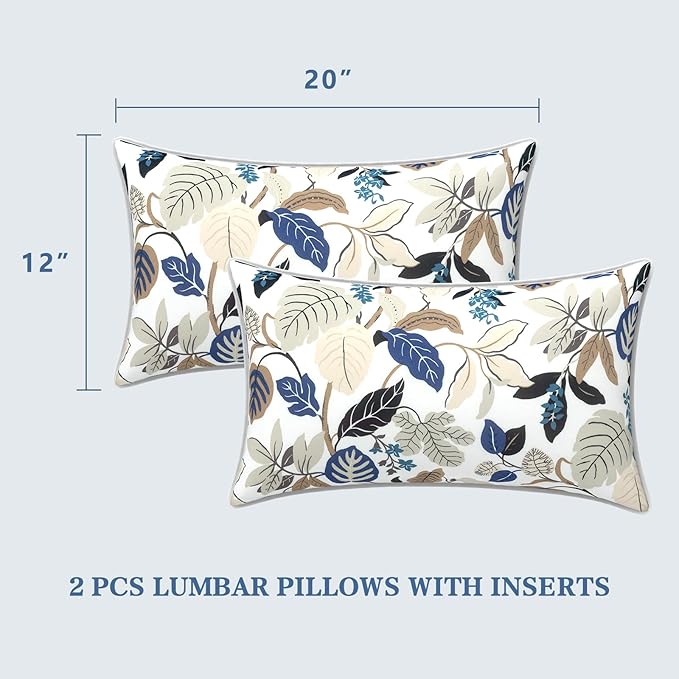 LVTXIII 2 Pack Outdoor Lumbar Pillows 12x20 Inch with White Piping, Fade Resistant Support Throw Pillows with Inserts for Patio Furniture, Sofa, Chair, Breeze Leaves Beige