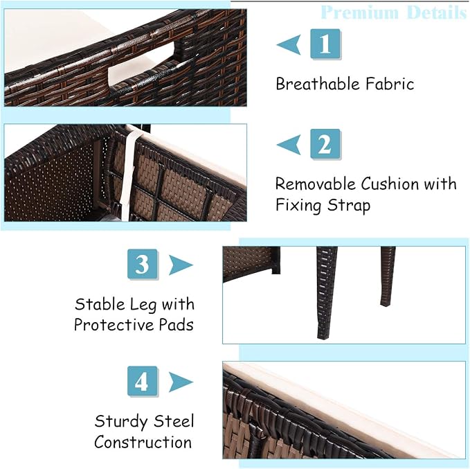 Tangkula 3 Piece Outdoor Rattan Dining Set, No Assembly Patio Bistro Set with Tempered Glass Table, Space Saving Patio Wicker Cushioned Chair Furniture Set for Courtyard, Balcony, Garden (Brown)