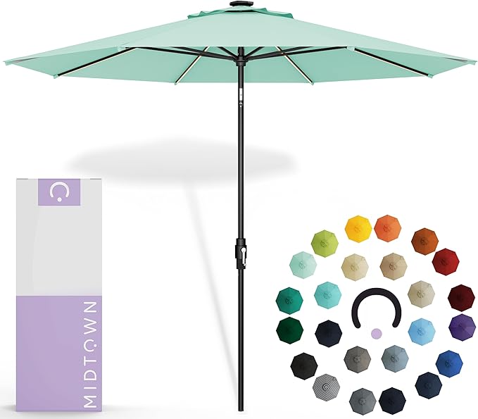 Midtown Umbrellas Led Swilt Sunbrella Umbrella, 8 Foot Patio Umbrella In Sunbrella Canvas Glacier Acrylic Fabric - Deck Patio Umbrella, Backyard Umbrella, Garden Umbrella & Pool Umbrella - Black Pole