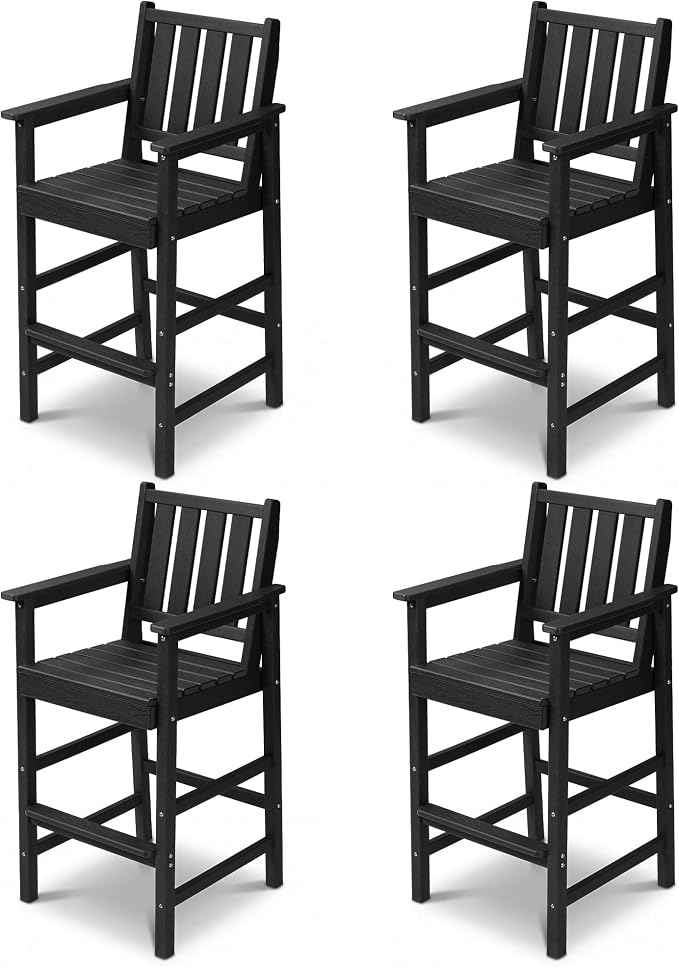 Adirondack Chairs Set of 4, All Weather HDPE Counter Height Bar Chair with Wide Armrests & Footrest, Heavy-Duty Outdoor Bar Height Barstools Set for Patio, Balcony, Pool, Backyard, Black