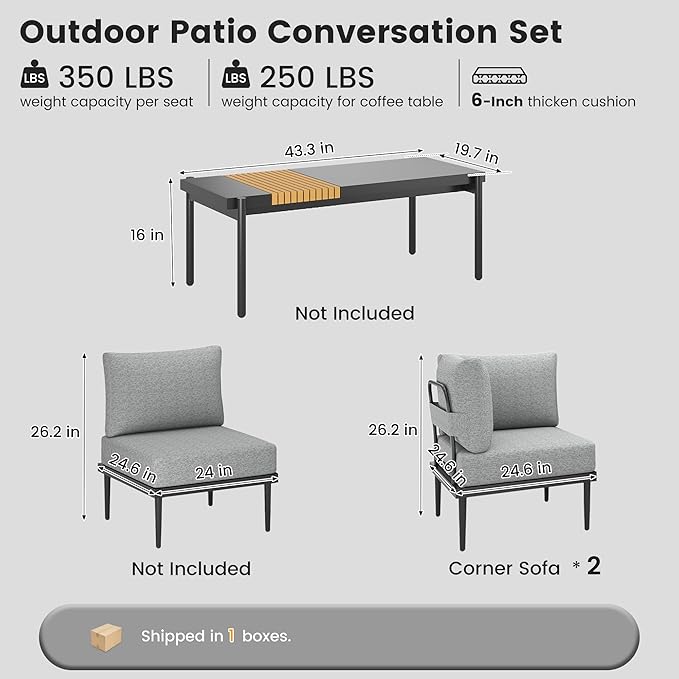 Metal Patio Furniture Set, 2 Pieces Outdoor Sectional Sofa Sets with Coffee Table, 6" Thick Cushion Modular Outdoor Loveseat for Balcony, Patio & Courtyard, Gray
