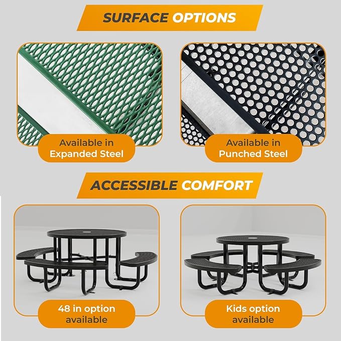 Commercial Heavy-Duty Metal Picnic Table - ADA Compliant, Adjustable Seats, Umbrella Hole, Expanded Metal (Brown, 6' Rectangular)
