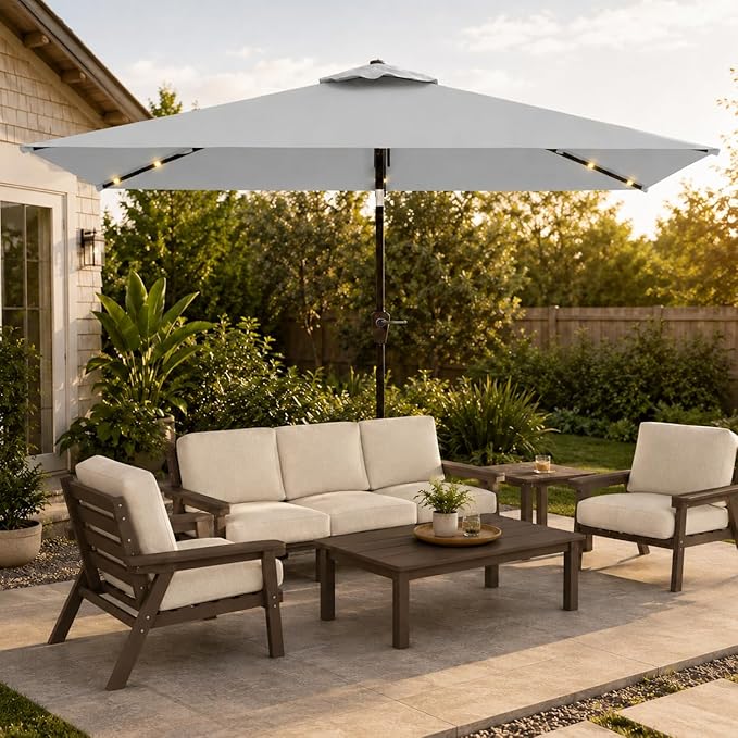 6.5 x 10ft Rectangular Patio Umbrella with Solar Lights, 16 LED Lighted Market Umbrella with Push-Button Tilt and Crank, 6 Sturdy Iron Ribs for Garden, Deck, Pool, Light Gray