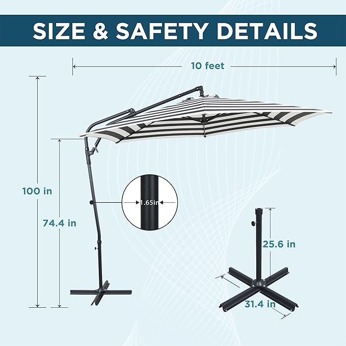 10FT Offset Patio Umbrella, Cantilever Hanging Umbrella with Infinite Tilt, Fade-Resistant Water-Repellent Canopy & Cross Base for Yard, Garden & Deck