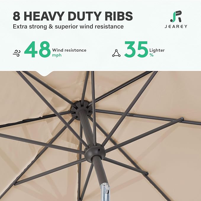 JEAREY 9FT Outdoor Patio Umbrella, Market Umbrella with 8 Fiberglass Ribs & Tilt/Crank, UV Protection & Wind-Resistant Pool Umbrella for Lawn Garden Deck Backyard, Cream Beige