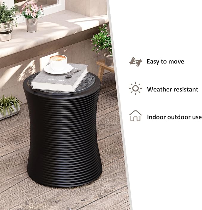 HOMPUS Concrete Outdoor Side Table w Cylindrical Thread, Round Coffee Table, Home Decor Plant Stand Outdoor Accent Table Patio Drum End Table for Living Room, Bedroom or Balcony, Black