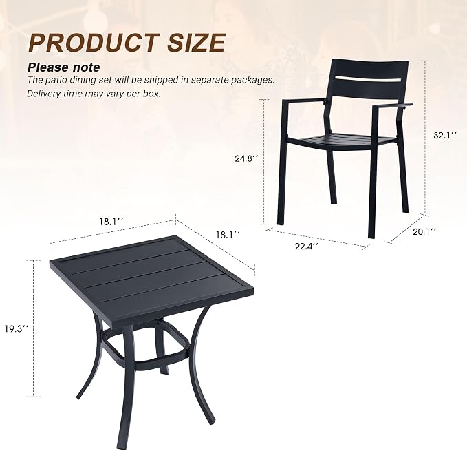 VICLLAX Patio 3 Pieces Outdoor Bistro Side Table Dining Set, Small Patio End Table Square Coffee Table and 2 Stackable Metal Chairs for Lawn,Garden,Porch,Black/Brown