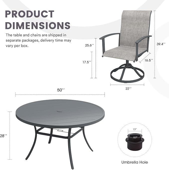 7 Pieces Outdoor Patio Dining Table Set, 50" All Weather Round Metal Table with Umbrella Hole and 6 High Back Textilene Swivel Chairs for Garden, Lawn, Poolside, Grey