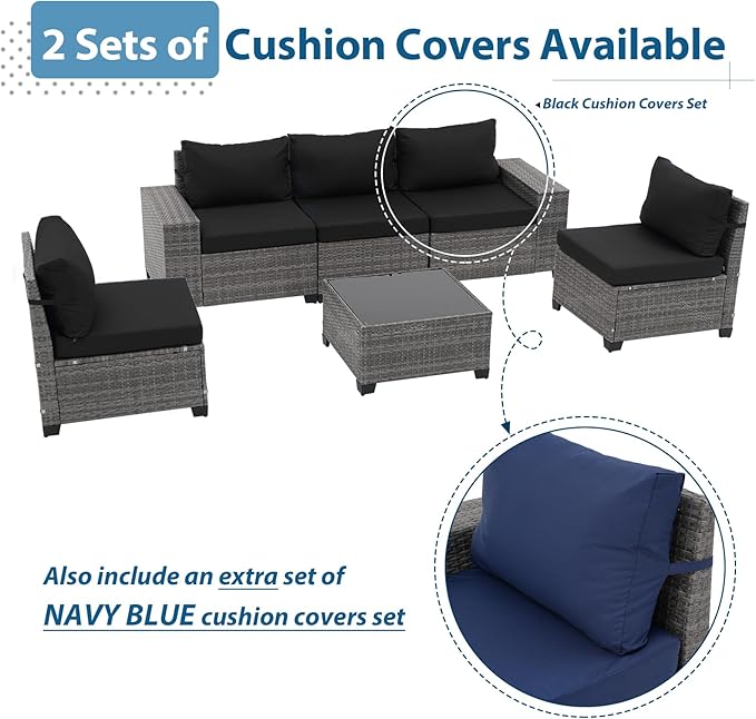 JOIVI 6 Pieces Outdoor Patio Furniture Set, Rattan Patio Conversation Set with Coffee Table, L-Shaped Wicker Outdoor Sectional Sofa Set with Wide Armrest and Cushions for Garden, Deck, Porch, Black