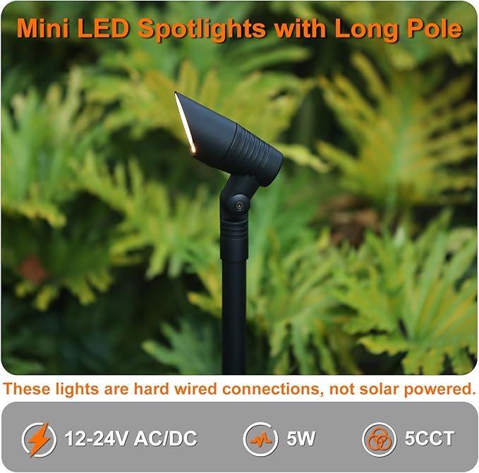 Mini Landscape Spotlights Low Voltage, 16'' Tall Pole, 5CCT 5W 12V LED Landscape Spot Lights Wired for Outdoor Palm Tree House Yard Flag Pathway Path Sidewalk, 60° Beam Angle, Black, 6PK
