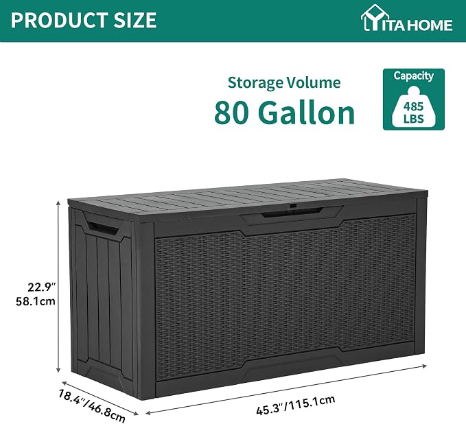 YITAHOME 80 Gallon Resin Deck Box, Weather Resistant Outdoor Rattan Storage Box, Lockable Indoor Outdoor Storage for Supplies and Essentials, Dark Gray