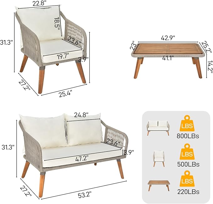VINGLI 4 Pieces Outdoor Patio Furniture Set with Acacia Wood Table, Wicker Conversation Sofa Sets for Balcony, Porch or Backyard