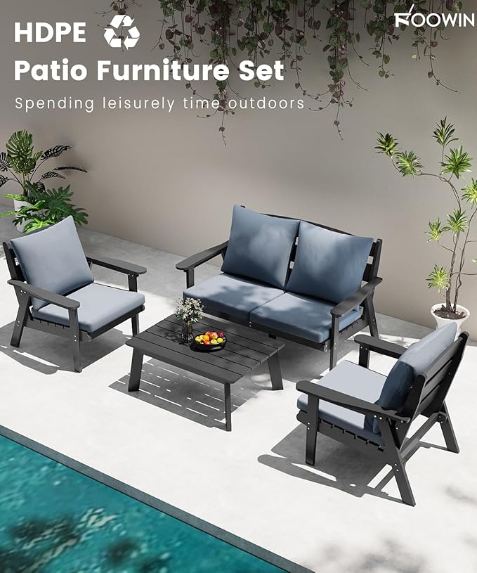 FOOWIN 4-Piece Patio Furniture Set, HDPE All-Weather Outdoor Conversation Set with Thick Cushions, Sectional Patio Sofa Furniture for Deck, Porch, Lawn, Garden, Grey Frame & Grey Cushion