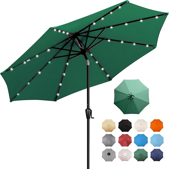 Sun-Ray 9' Round Patio Umbrella with 32 Solar Powered LED Lights, Push-Button Tilt and Hand Crank Lift, Solar Umbrella in Hunter Green for Porch, Deck, and Patio