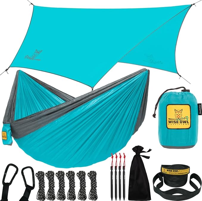 Wise Owl Outfitters Hammock & Rain Fly Bundle – Double Camping Hammock with Tree Straps and Waterproof Tarp, Lightweight Shelter for Hiking & Travel