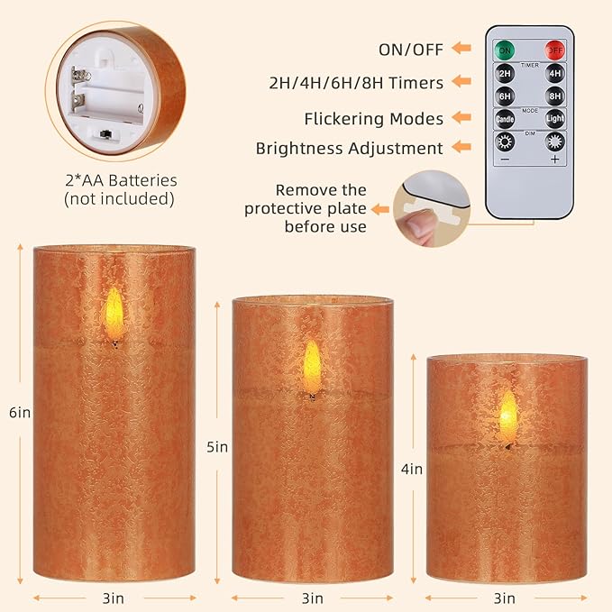 Flameless Candles with Remote, 3D Wick Realistic LED Candles Flickering, Real Wax in Glass Orange Fake Candles for Wedding Party Festival Home Decor Gifts