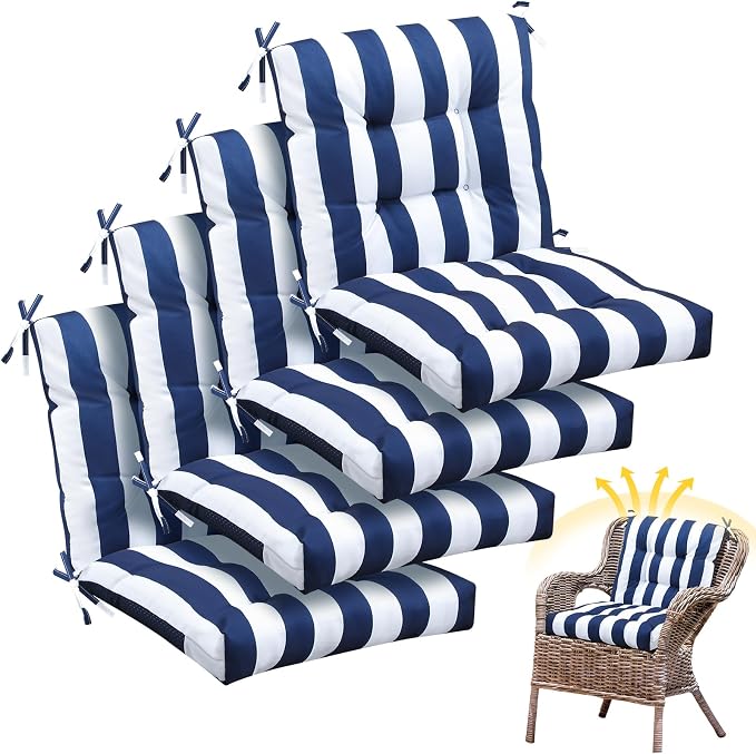 Marsui 4 Pcs Outdoor Indoor High Back Chair Cushions Patio Furniture Tufted Pillow with Ties Water-Resistant Replacement Outdoor Rocking Chair Cushions, 42 x 21 Inches (Blue White Stripes,Stripes)