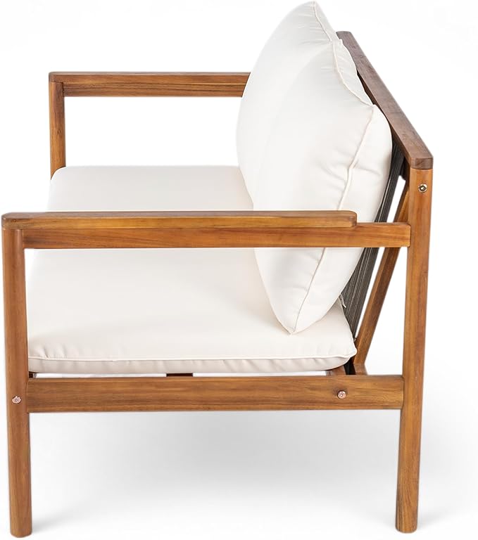 Christopher Knight Home Vorms Outdoor Loveseat with Coffee Table, 2-Piece Acacia Wood Patio Furniture Set with Rope Backrest, Patio Conversation Chat Sets for Backyard Balcony, Teak+Cream