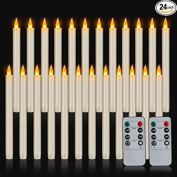 wemarry Flameless Taper Candles with Remote, 10" White Battery Operated Led Candlesticks with Flickering 3D Flame, Fake Taper Candles for Christmas Thanksgiving Wedding Home Décor (Ivory, 24 Pack)