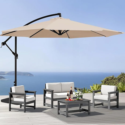 SERWALL 4 Pieces HDPE Outdoor Sofa Set with 10FT Patio Umbrella, All Weather Use Loveseat Furniture Sofa Set, Outdoor Conversation Couch with Coffee Table for Patio, Grey Frame with Khaki Cushions