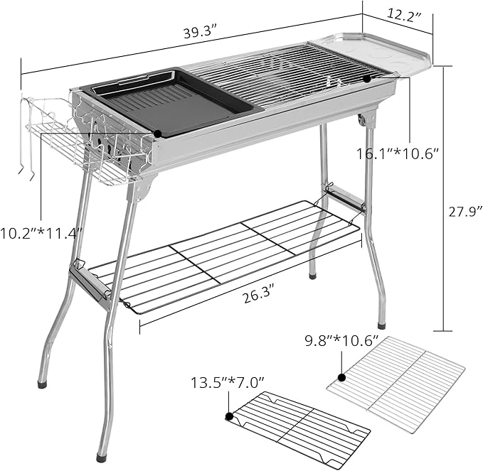Outvita Portable Charcoal Grill, 39 x 12x 28" Foldable Barbecue Grill, Stainless Steel BBQ Grill for Outdoor Cooking Camping Hiking Picnic Garden Beach Party(Large)