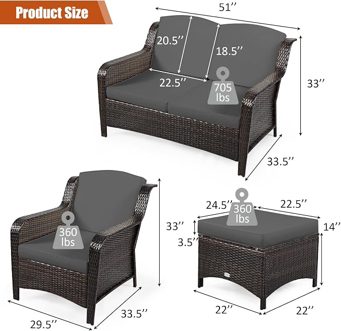COSTWAY 5PCS Patio Wicker Rattan Furniture Set, Loveseat Sofa with Ottomans and Cushioned Chairs, Conversation Sets for Outdoor Garden Backyard