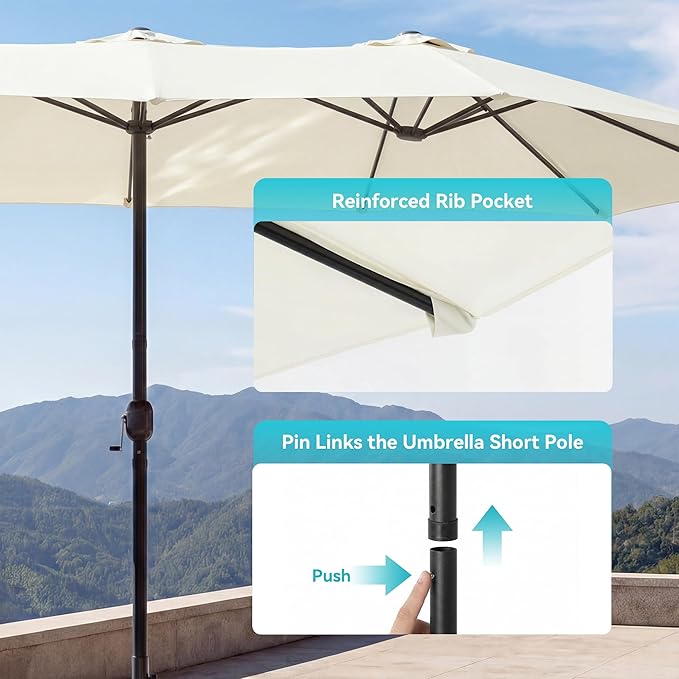COSIEST 15FT Patio Umbrella with Base Included, Outdoor Double-Sided Table Umbrella,Large Rectangular Market Umbrella w Crank Handle for Garden, Pool, Deck Shade,Beige