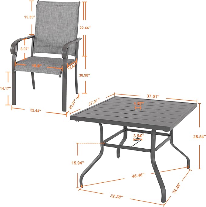 NUU GARDEN Outdoor Patio Dining Set 5 Piece Furniture Set Including Square Outdoor Dining Table with 1.57" Umbrella Hole and 4 Gray Textilene Chairs for Garden, Patio and Poolside Backyards