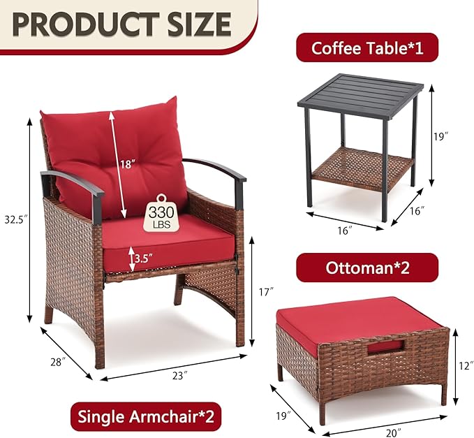 AVAWING 5 Pieces Patio Furniture Set, Outdoor Rattan Chairs with Metal Coffee Table, Ottomans & Soft Cushions, Wicker Conversation Bistro Set for Garden, Porch, Deck, Balcony (Red)