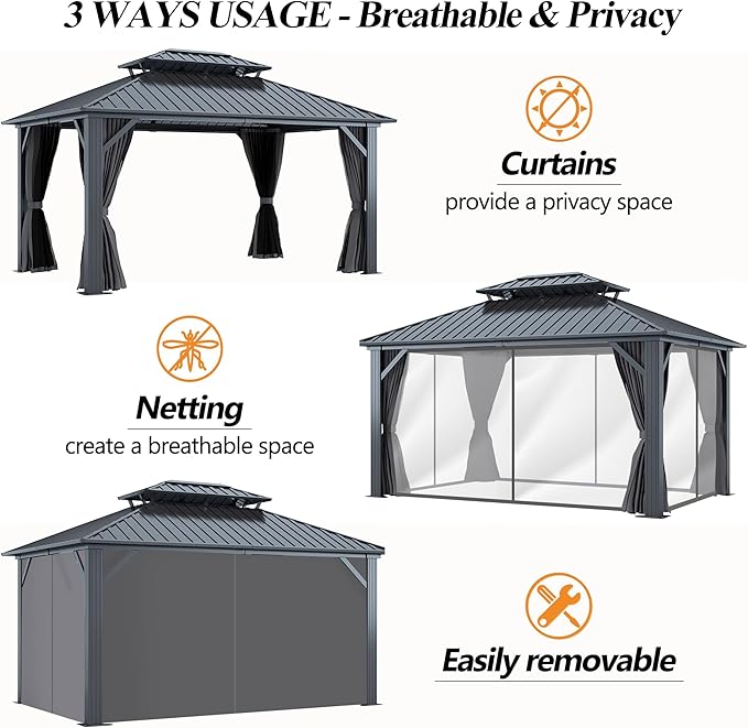GARTOO 12'x14' Outdoor Hardtop Gazebo with Double Roof - Heavy-Duty Galvanized Steel Top Aluminum Frame Gazebowith Solar LED Light, Breathable Netting & Privacy Curtain for Patio,Garden, Backyard