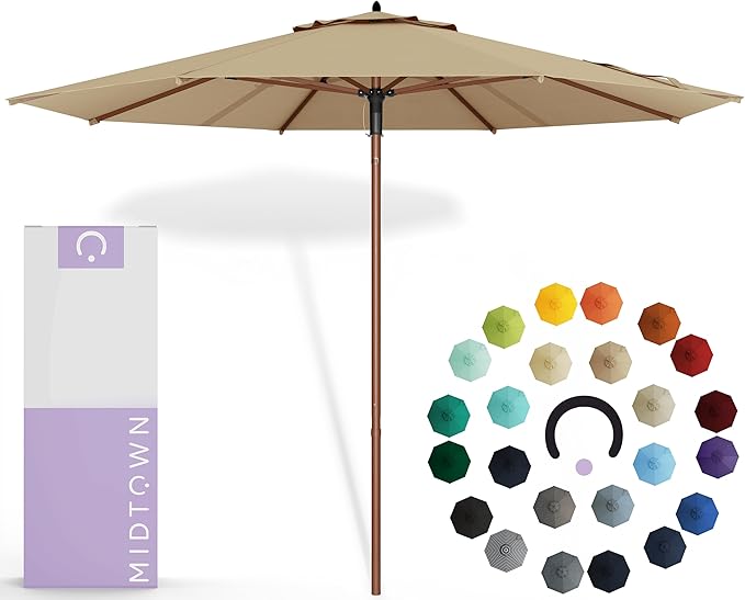 Midtown Umbrellas The Wooden 8 Feet Patio Umbrella With Sunbrella HeaMidtown Umbrellas Ther Tan Acrylic Fabric - Aluminum Frame Market Umbrella For Backyard, Deck, Garden, Pool - Wooden Pole