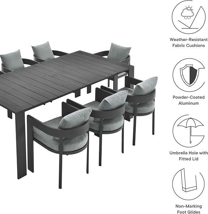 Modway Tahoe Outdoor Patio Powder-Coated Aluminum 9-Piece Dining Set in Gray Gray - Rectangular Patio Furniture Set for 8 - Outside Table with Umbrella Hole and Cushioned Chairs - Modern Patio Set