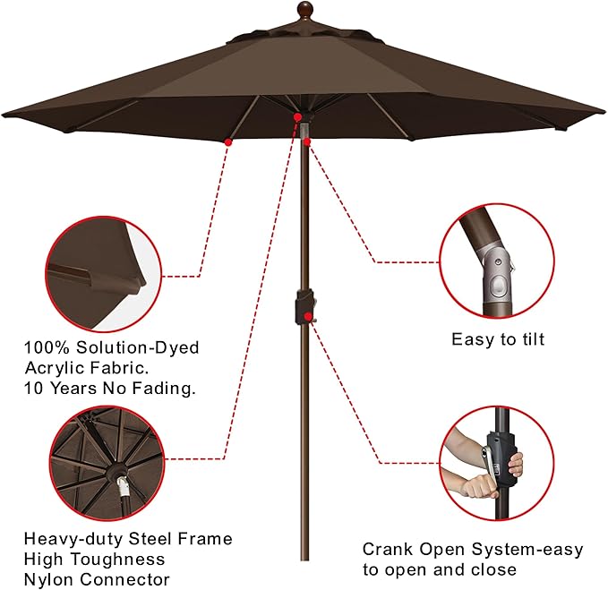 EliteShade USA 10-Year-Non-Fading 9Ft Market Patio Umbrella, UPF 50+ UV Protection Performance Sun Umbrella, Heavy Duty Commercial Grade Outdoor Table Umbrella with Crank & Tilt, Windproof Vented Top for Garden, Pool, Deck and Outdoor Playsets, Chestnut